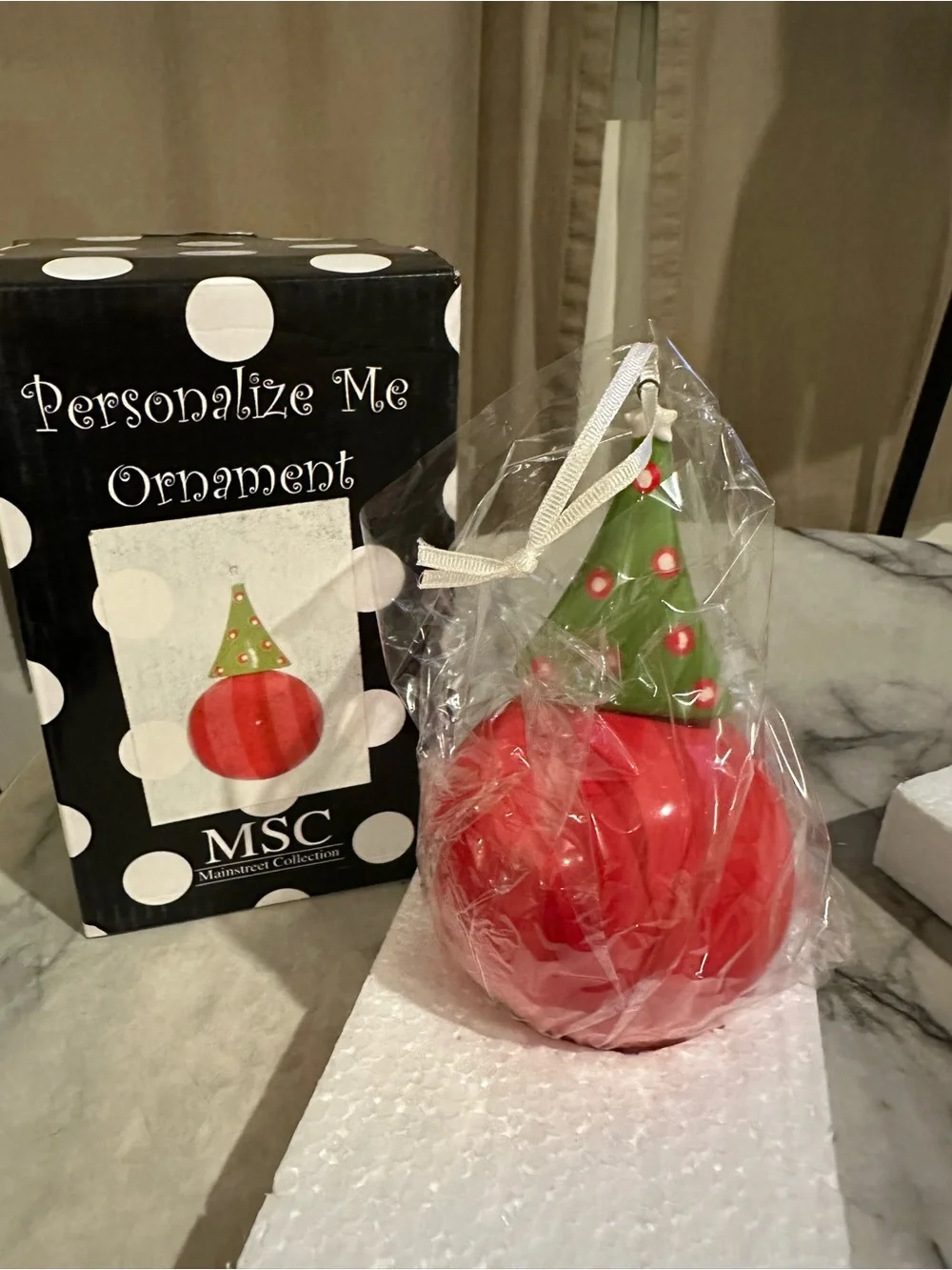 MSC Red Ceramic Holiday Ornament with Green Tree Top